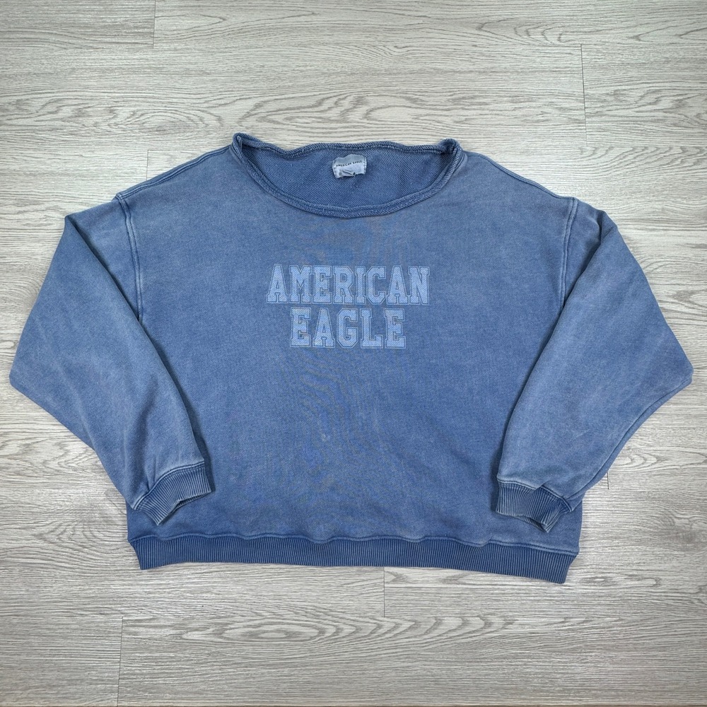 American Eagle Womens Sweatshirt Pullover Blue XS Graphic Logo Washed Fleece